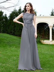 Robe Appliquée de A-ligne en Mousseline et Dentelle Gris Acier Grande Taille