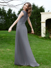 Robe Appliquée de A-ligne en Mousseline et Dentelle Gris Acier Grande Taille