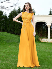 Robe Appliquée de A-ligne en Mousseline et Dentelle Mandarine