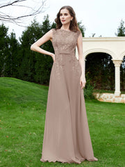Robe Appliquée de A-ligne en Mousseline et Dentelle Taupe Grande Taille
