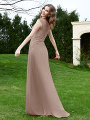 Robe Appliquée de A-ligne en Mousseline et Dentelle Taupe