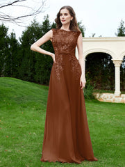Robe Appliquée de A-ligne en Mousseline et Dentelle Terracotta Grande Taille