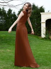Robe Appliquée de A-ligne en Mousseline et Dentelle Terracotta Grande Taille