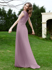 Robe Appliquée de A-ligne en Mousseline et Dentelle Vintage Mauve