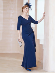 Robe de A-ligne Plissée en Mousseline Longueur au Sol Bleu Marine Clair Grande Taille