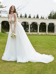 Robe de Mariée Appliquée en Dentelle à Col Illusion Champagne