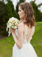 Robe de Mariée Appliquée en Dentelle à Col Illusion Champagne