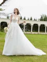 Robe de Mariée Appliquée en Dentelle à Col Illusion Blanc