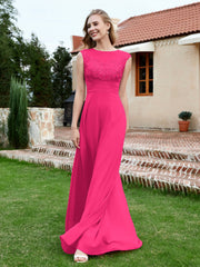 Robe de A-ligne en Mousseline avec Décolleté Illusion Fuchsia Grande Taille