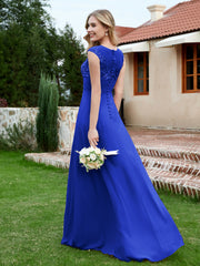 Robe de A-ligne en Mousseline avec Décolleté Illusion Bleu Royale