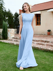 Robe de A-ligne en Mousseline avec Décolleté Illusion Bleu Ciel