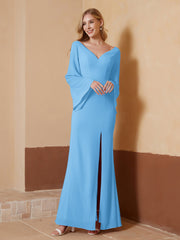 Robe Fourreau à Col en V en Mousseline avec Manches Longues Bleu