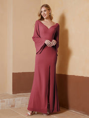 Robe Fourreau à Col en V en Mousseline avec Manches Longues Cannelle Rose Grande Taille