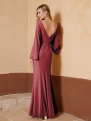 Robe Fourreau à Col en V en Mousseline avec Manches Longues Cannelle Rose Grande Taille