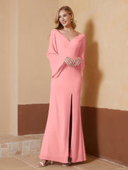 Robe Fourreau à Col en V en Mousseline avec Manches Longues Flamant