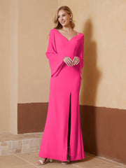 Robe Fourreau à Col en V en Mousseline avec Manches Longues Fuchsia