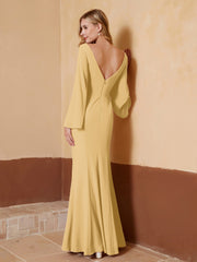 Robe Fourreau à Col en V en Mousseline avec Manches Longues Or Grande Taille