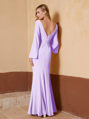 Robe Fourreau à Col en V en Mousseline avec Manches Longues Lilas Grande Taille