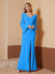 Robe Fourreau à Col en V en Mousseline avec Manches Longues Bleu Océan Grande Taille