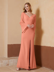 Robe Fourreau à Col en V en Mousseline avec Manches Longues Papaye Grande Taille