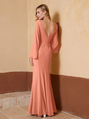 Robe Fourreau à Col en V en Mousseline avec Manches Longues Papaye Grande Taille