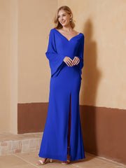 Robe Fourreau à Col en V en Mousseline avec Manches Longues Bleu Royale