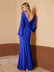 Robe Fourreau à Col en V en Mousseline avec Manches Longues Bleu Royale
