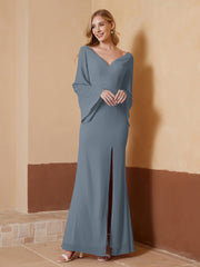 Robe Fourreau à Col en V en Mousseline avec Manches Longues Bleu de Schiste Grande Taille
