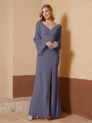 Robe Fourreau à Col en V en Mousseline avec Manches Longues Orageux