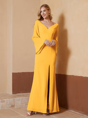 Robe Fourreau à Col en V en Mousseline avec Manches Longues Mandarine