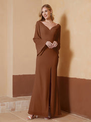 Robe Fourreau à Col en V en Mousseline avec Manches Longues Terracotta