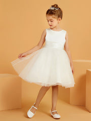 Robe de Fille Sans Manches en Tulle/Satin avec Longueur aux Genoux