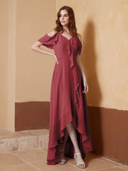Robe Asymétrique de A-ligne en Mousseline Cannelle Rose