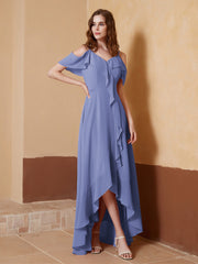 Robe Asymétrique de A-ligne en Mousseline Pervenche