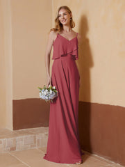 Robe de A-ligne à Col en V en Mousseline Longueur au Sol Cannelle Rose