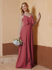 Robe de A-ligne à Col en V en Mousseline Longueur au Sol Cannelle Rose