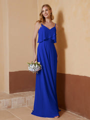 Robe de A-ligne à Col en V en Mousseline Longueur au Sol Bleu Royale