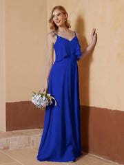 Robe de A-ligne à Col en V en Mousseline Longueur au Sol Bleu Royale