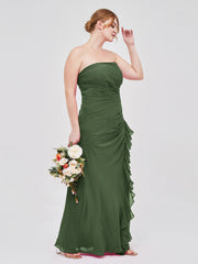 Sans Bretelles Fourreau Mousseline Robe avec Plissés Olive Verte