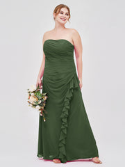 Sans Bretelles Fourreau Mousseline Robe avec Plissés Olive Verte Grande Taille