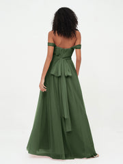 Robes Princesse en Tulle à Epaules Dénudées avec Nœud à Ceinture Olive Verte Grande Taille