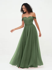 Robes Princesse en Tulle à Epaules Dénudées avec Nœud à Ceinture Olive Verte Grande Taille