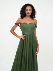 Robes Princesse en Tulle à Epaules Dénudées avec Nœud à Ceinture Olive Verte