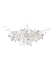 Peigne Accessoire Mariage Fleur et Feuille Argentée