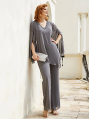 Pantsuit à Manches Flottantes Top en Mousseline Gris Acier