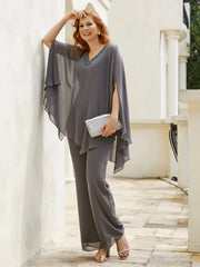 Pantsuit à Manches Flottantes Top en Mousseline Gris Acier Grande Taille