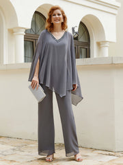 Pantsuit à Manches Flottantes Top en Mousseline Gris Acier