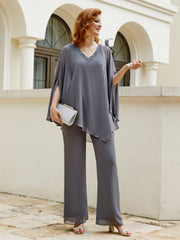 Pantsuit à Manches Flottantes Top en Mousseline Gris Acier Grande Taille
