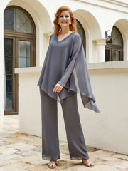 Pantsuit à Manches Flottantes Top en Mousseline Gris Acier Grande Taille