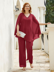 Pantsuit à Manches Flottantes Top en Mousseline Bordeaux Grande Taille